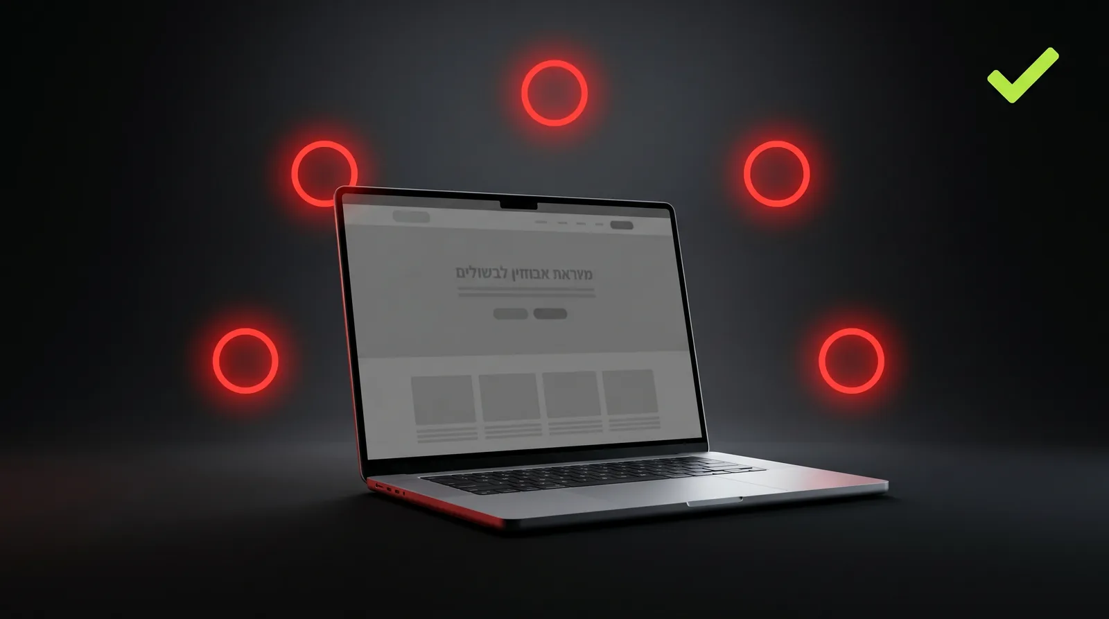 A laptop with a dull website in the center surrounded by 5 red warning signs, your website is not bringing in customers