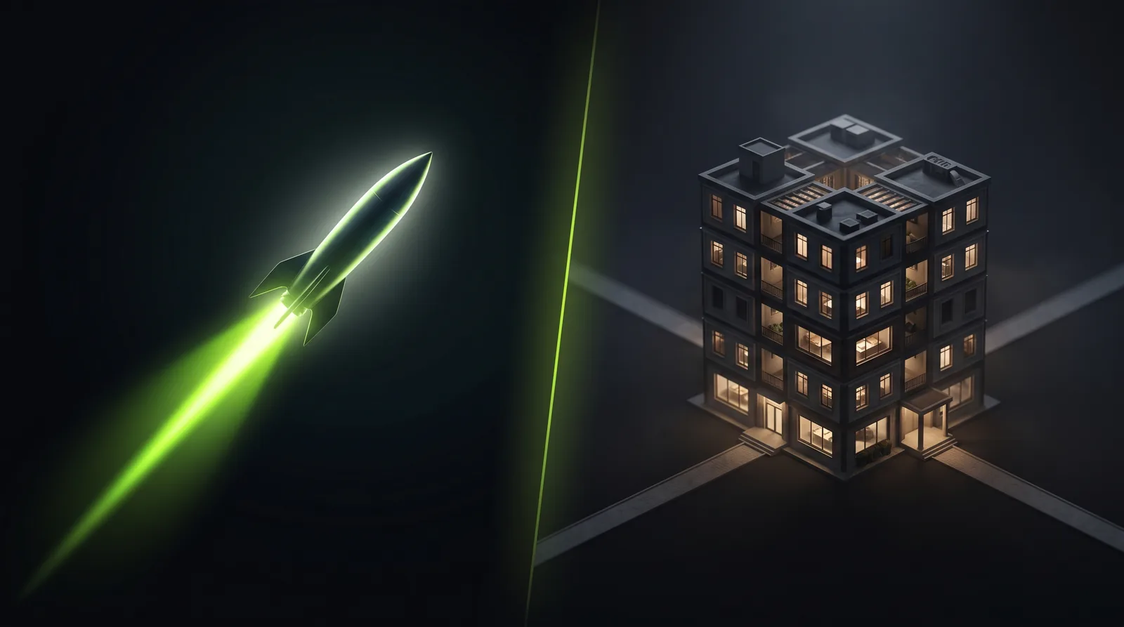 A focused lime green rocket on the left (landing page) versus a lit high-rise with multiple paths on the right (business website), which one fits your business