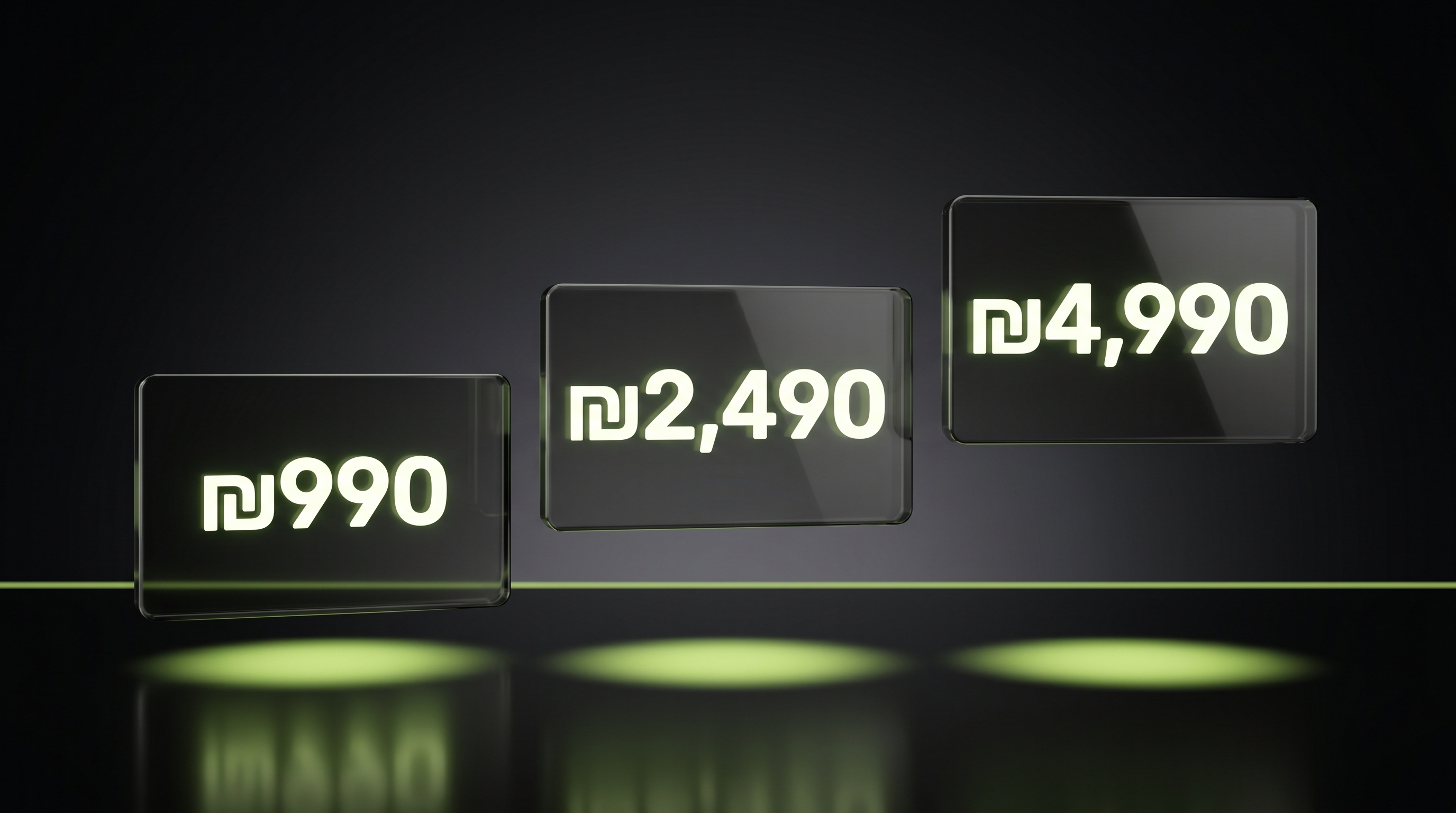 3 מחירי אתרים בישראל ב-2026 על לוחות זכוכית מאירים בליל סטודיו, דף נחיתה ₪1,490, אתר תדמית ₪3,490, חנות אונליין ₪6,990. שקיפות מחירים מלאה.