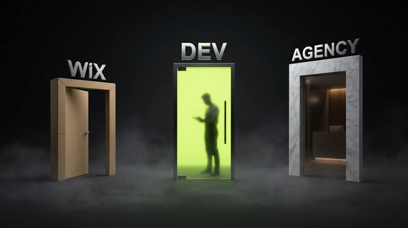 Three doors in a dark studio, WIX (plain cardboard), DEV (lit green glass with a key inside), AGENCY (corporate marble), how to choose a website provider