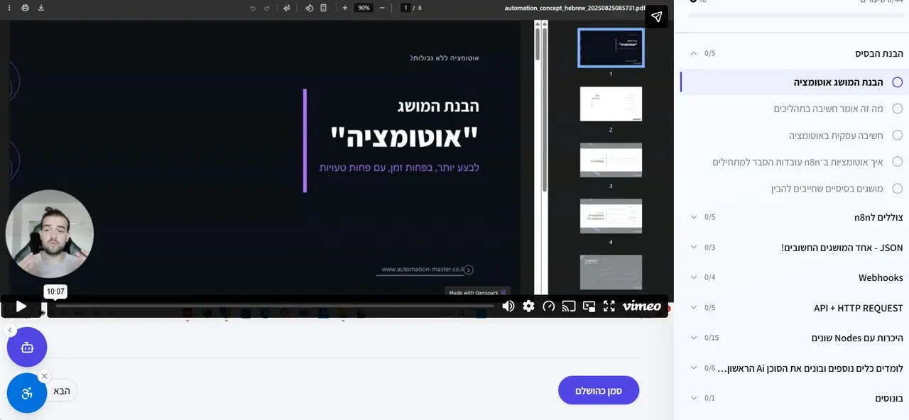 אזור תלמידים בקורס דיגיטלי שבנינו: רשימת שיעורים לפי פרקים, נגן וידאו, מעקב התקדמות וסימון שיעור כהושלם