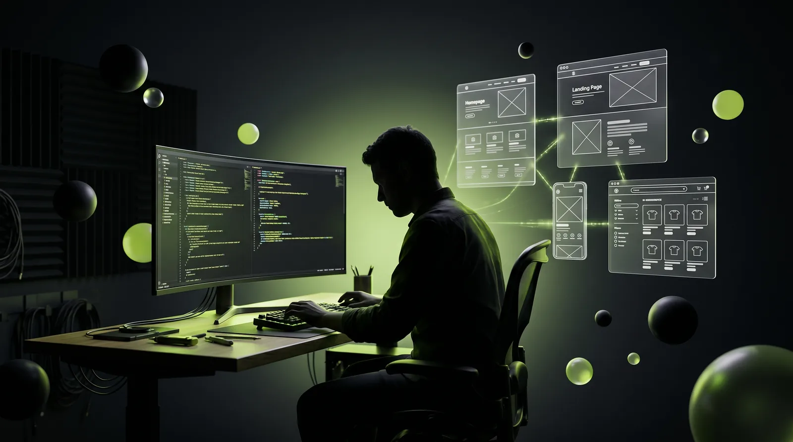 Independent developer in Tel Aviv building websites, silhouette in front of a curved monitor with React/Next.js code, surrounded by floating screens showing design examples for various sites, in a lime green atmosphere